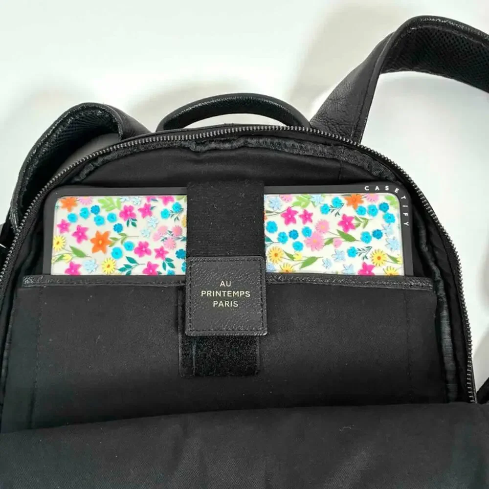 Au Printemps Paris Black Leather Backpack - Laptop Sleeve - Padded Straps